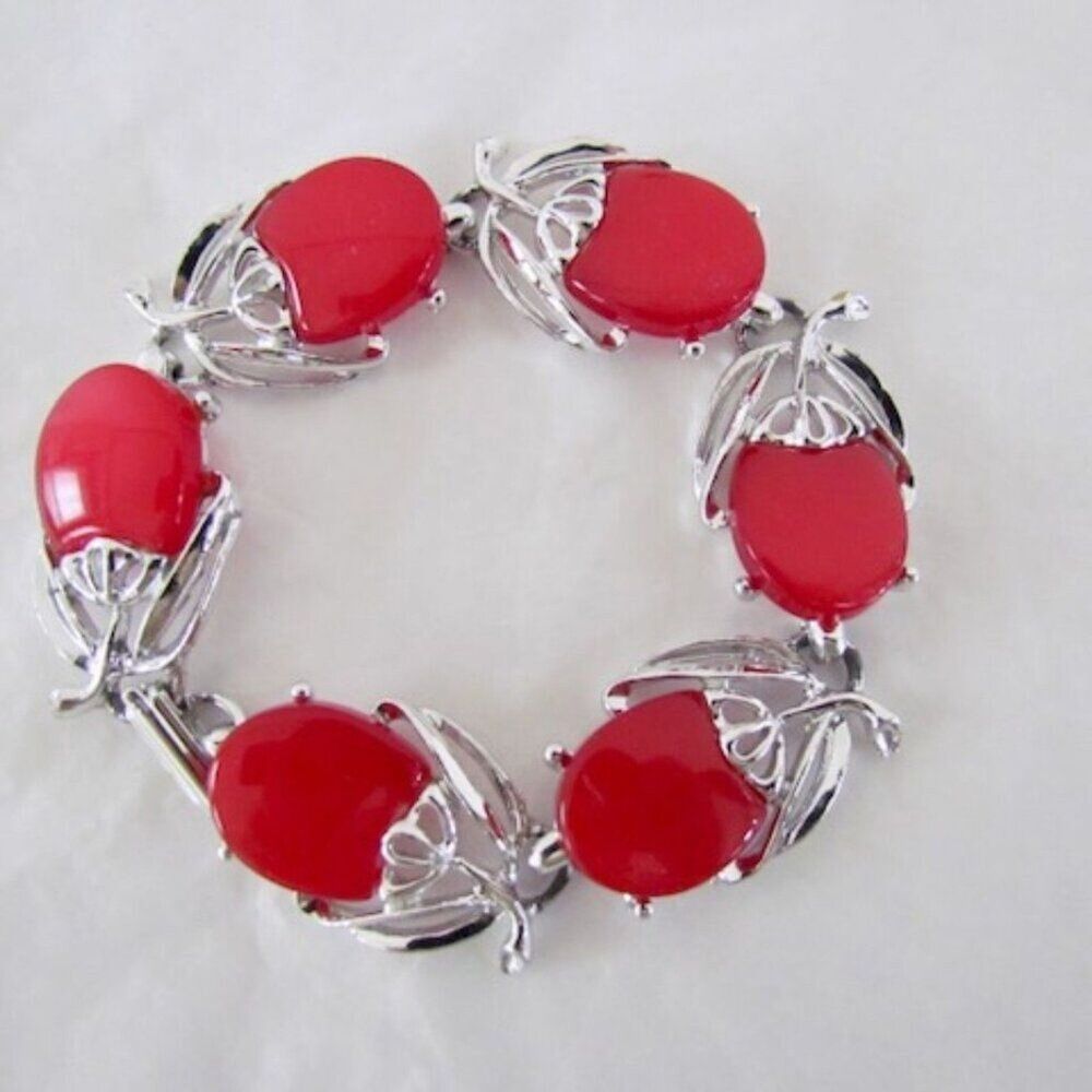 Vintage Cherry Motif Red Acrylic Lucite Silver Tone Metal Bracelet